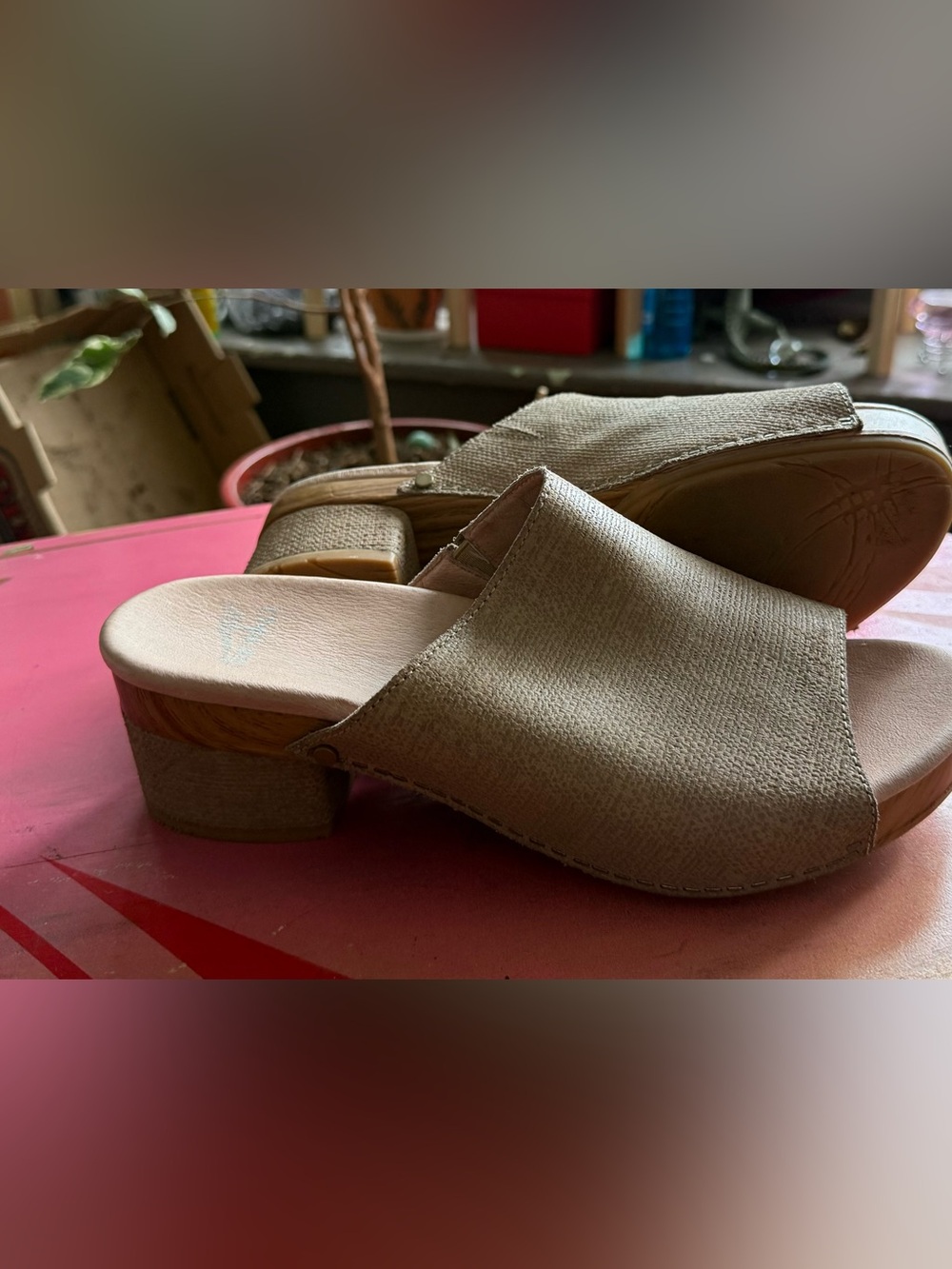 Dansko Women’s Taupe Slide Sandal with Low Block Heel